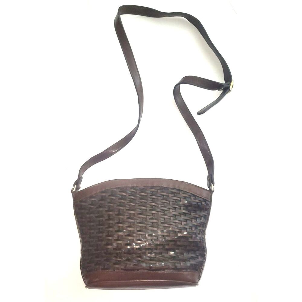 Woven Brown Black Crossbody Shoulder Bag Adjustable Strap Zip